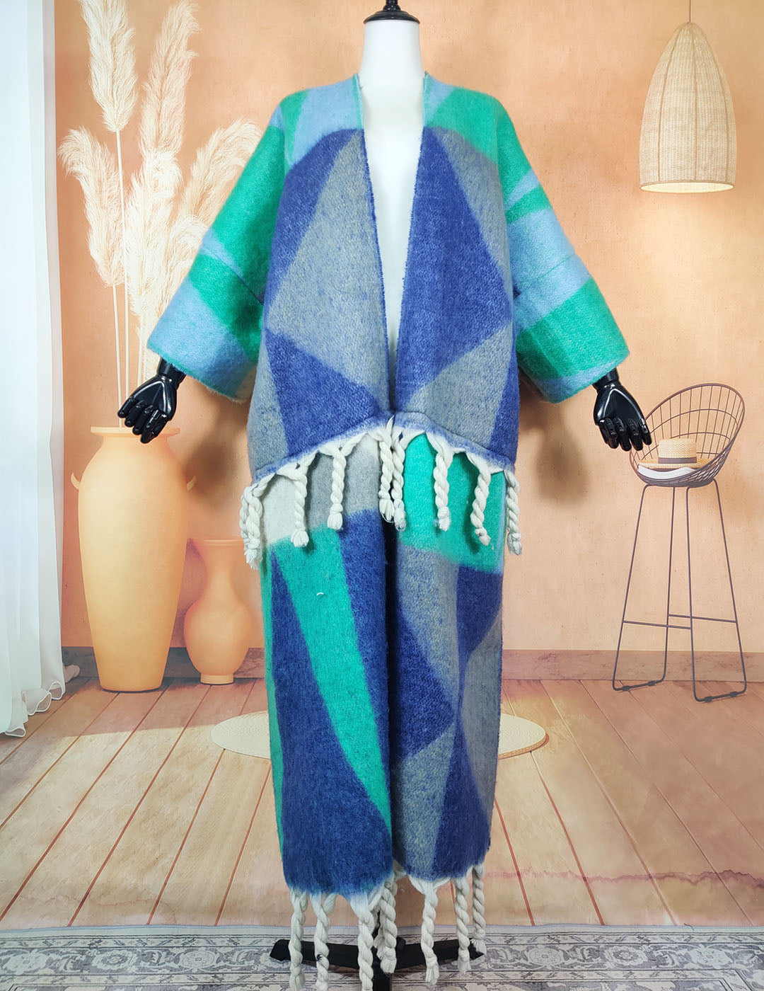 Twisted Tassel Geometric Print Open Front Fuzzy Cardigan Oversized African Multi-Colored Wool Kaftan Dress