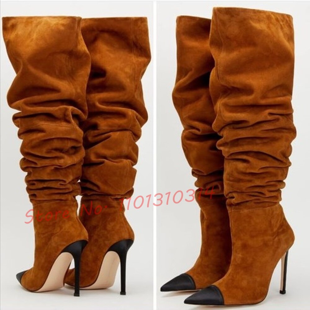 Ruched Pointed Toe Suede Pleated High Heel Slip On Thigh High Boots