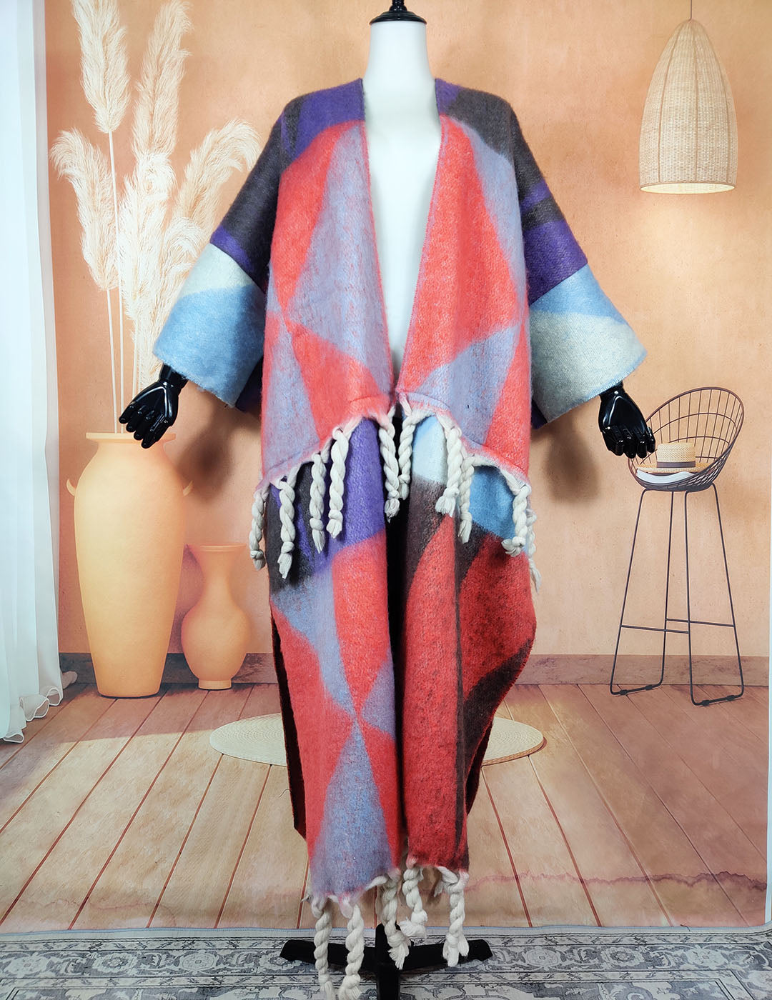 Twisted Tassel Geometric Print Open Front Fuzzy Cardigan Oversized African Multi-Colored Wool Kaftan Dress