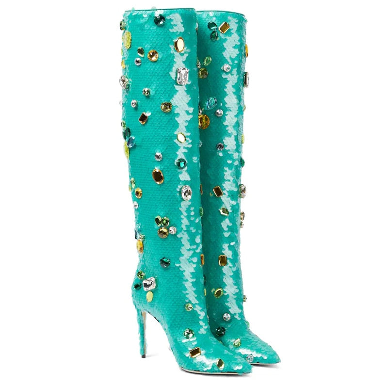 Crystal Buckle Mental Heels Side Zipper Colorful Over the Knee Boots