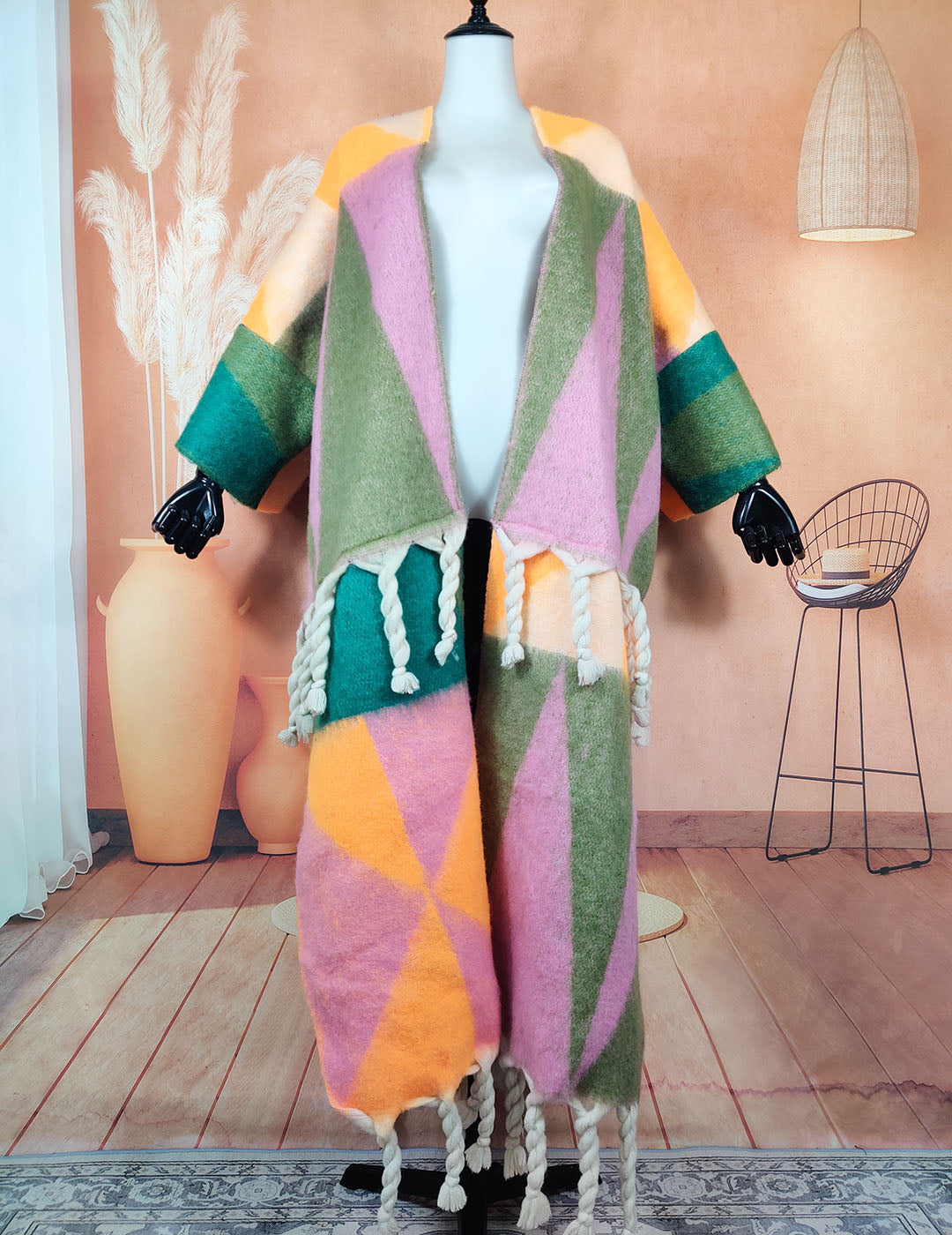 Twisted Tassel Geometric Print Open Front Fuzzy Cardigan Oversized African Multi-Colored Wool Kaftan Dress