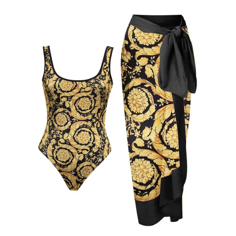 Gold Backless Vintage Designer Swimsuit & Sarong