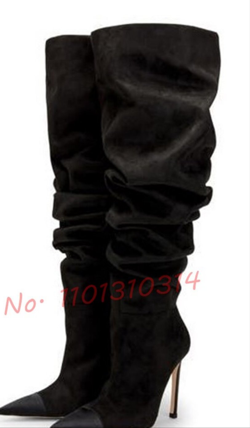 Ruched Pointed Toe Suede Pleated High Heel Slip On Thigh High Boots