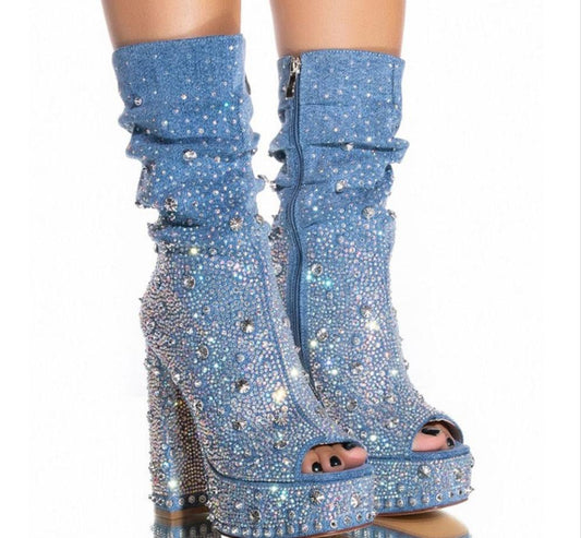 Rhinestone Crystal Knee High Peep Toe Platform Heel Sleeve Boots