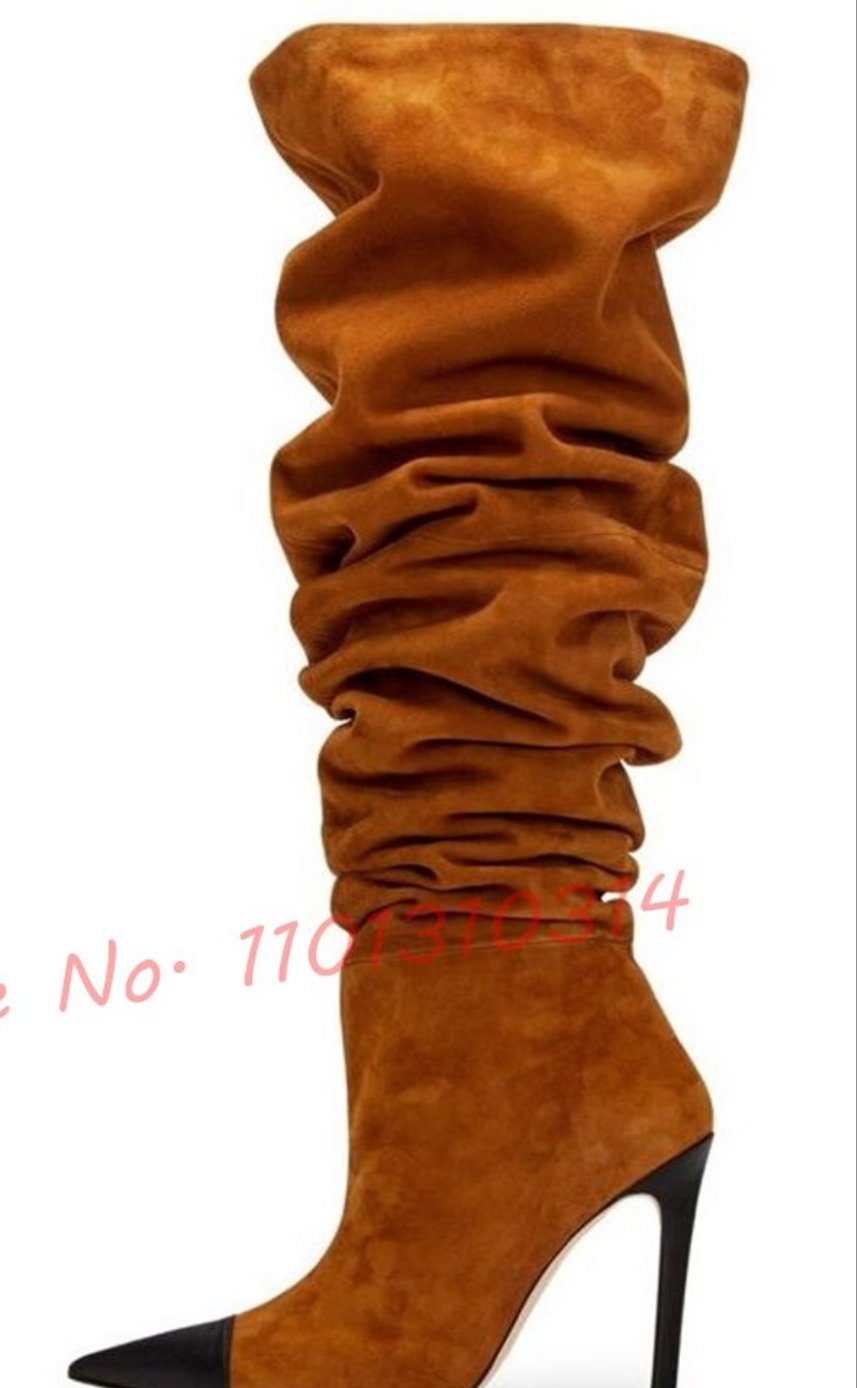 Ruched Pointed Toe Suede Pleated High Heel Slip On Thigh High Boots