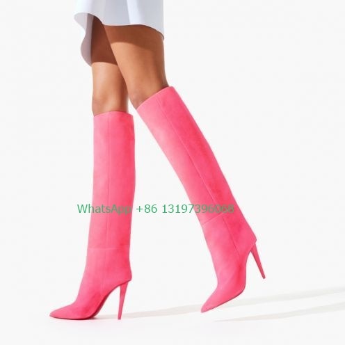 Hot Pink Suede Knee High Pointed Toe Over-the-Knee Stiletto Heel Boots