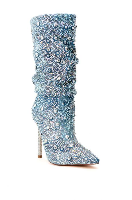 Rhinestone Crystal Knee High Peep Toe Platform Heel Sleeve Boots