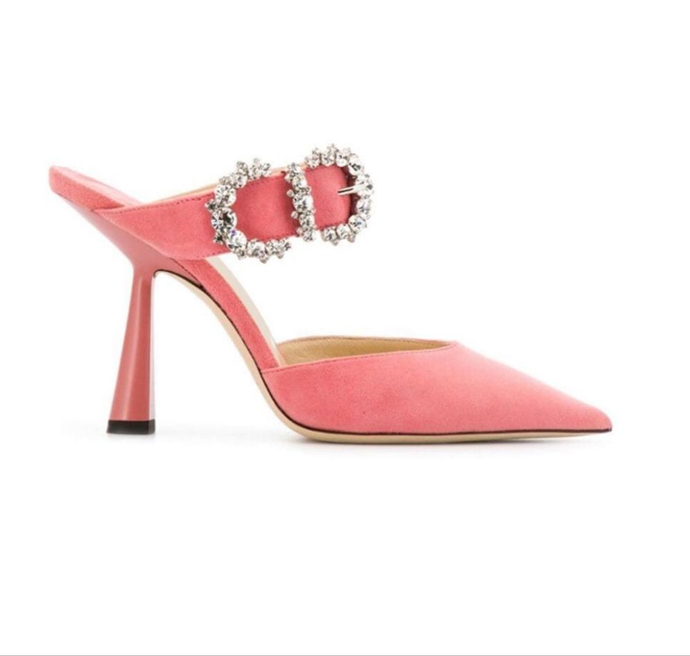 Bling Pointed Toe Rhinestone Buckle Strap Mule Pumps