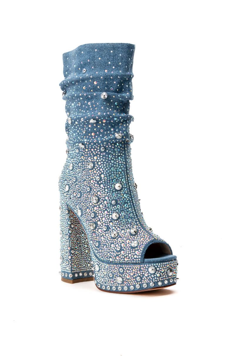 Rhinestone Crystal Knee High Peep Toe Platform Heel Sleeve Boots