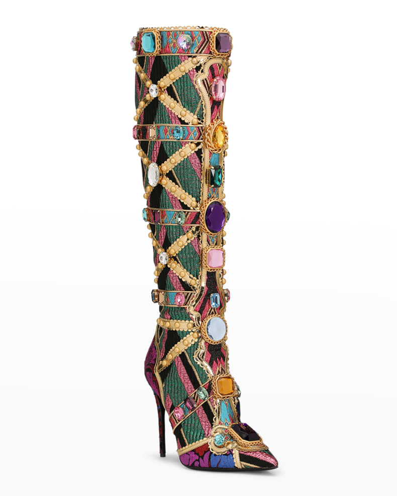 Crystal Buckle Mental Heels Side Zipper Colorful Over the Knee Boots