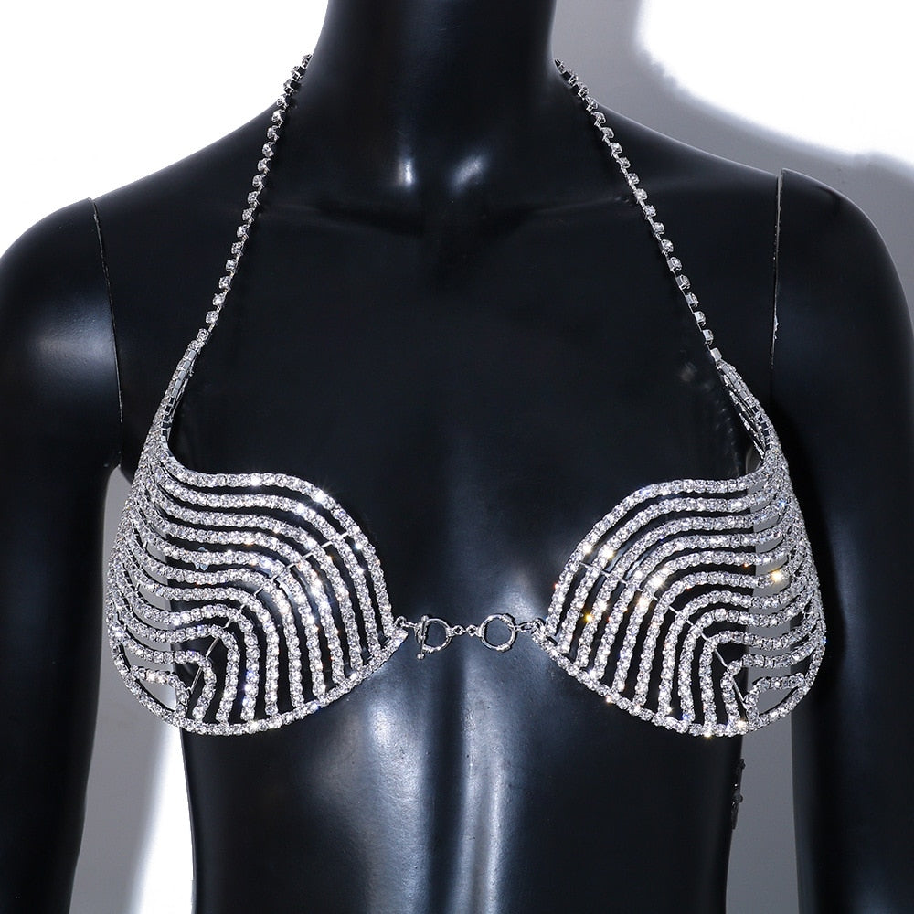 Sparkling Diamonds Hollow Bra Women Crystal Bikini Top Lingerie Fashion Rhinestone Body Chain Chest Jewelry Underwear Carnival