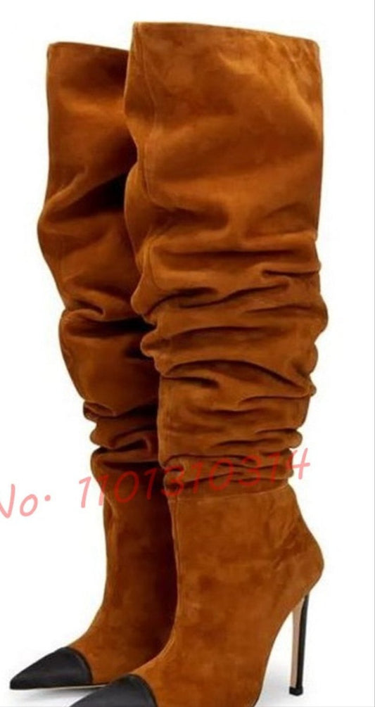 Ruched Pointed Toe Suede Pleated High Heel Slip On Thigh High Boots