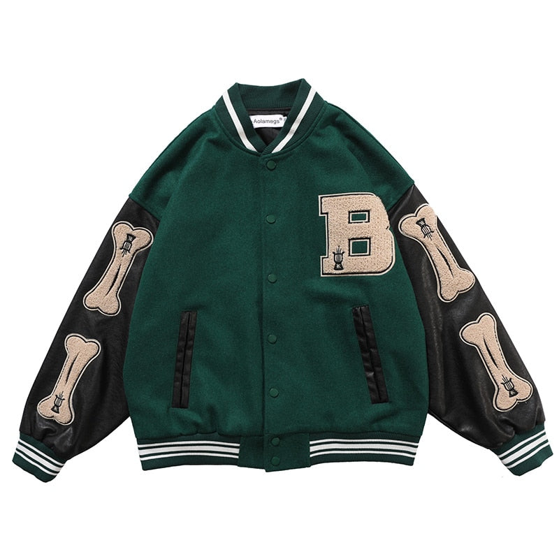 Men's Bone Colorblock Patchwork Baseball Bomber Letterman's Jacket