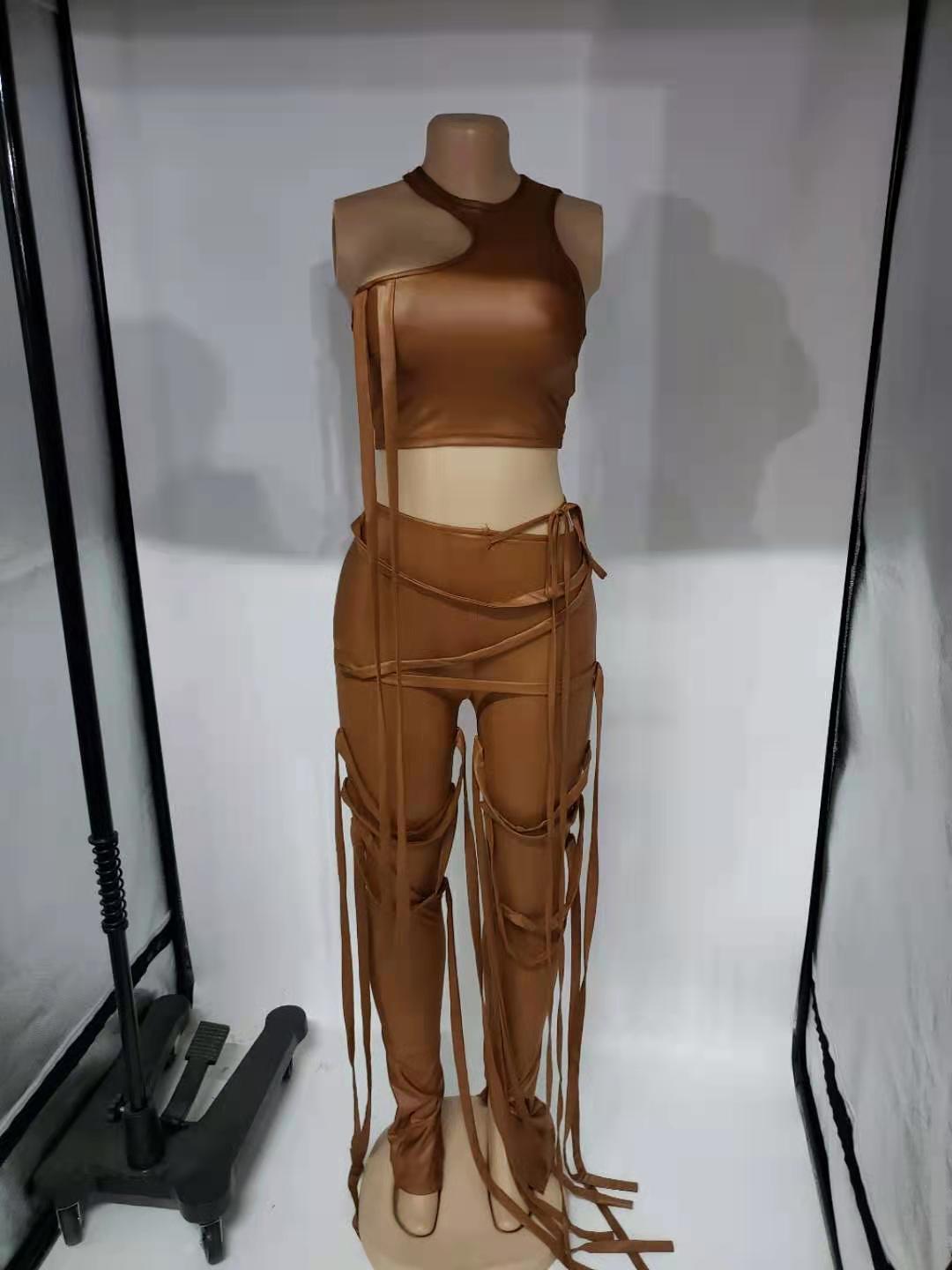 Asymmetrical Solid PU Leather Bandage One Shoulder Crop Top + Lace-Up Tassel Fringe Slit Hem Pants 2-Piece Set