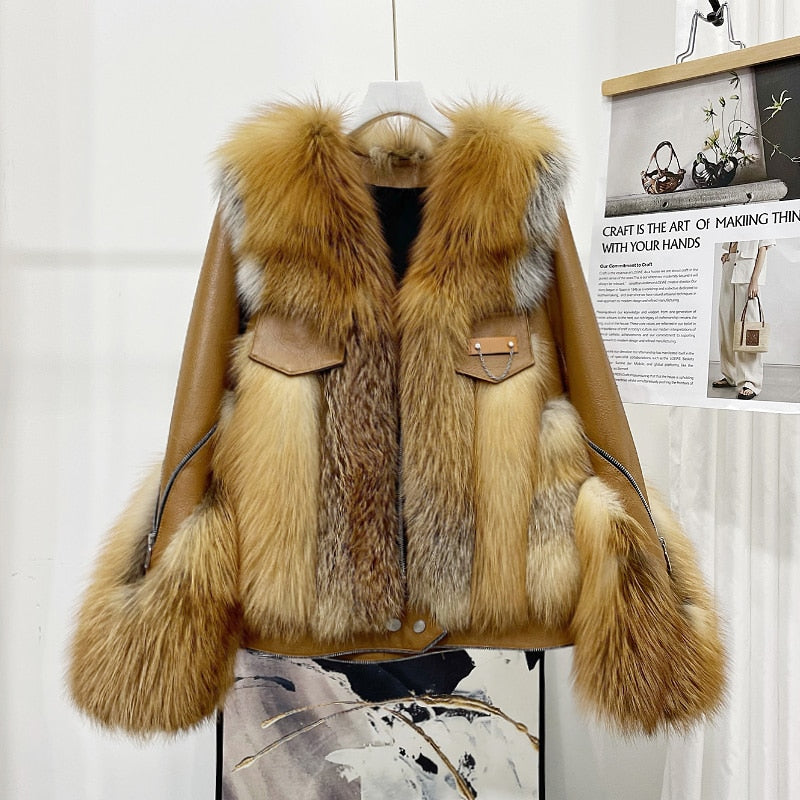 Sheepskin Fox Fur Trim Stitched Ladies Jacket