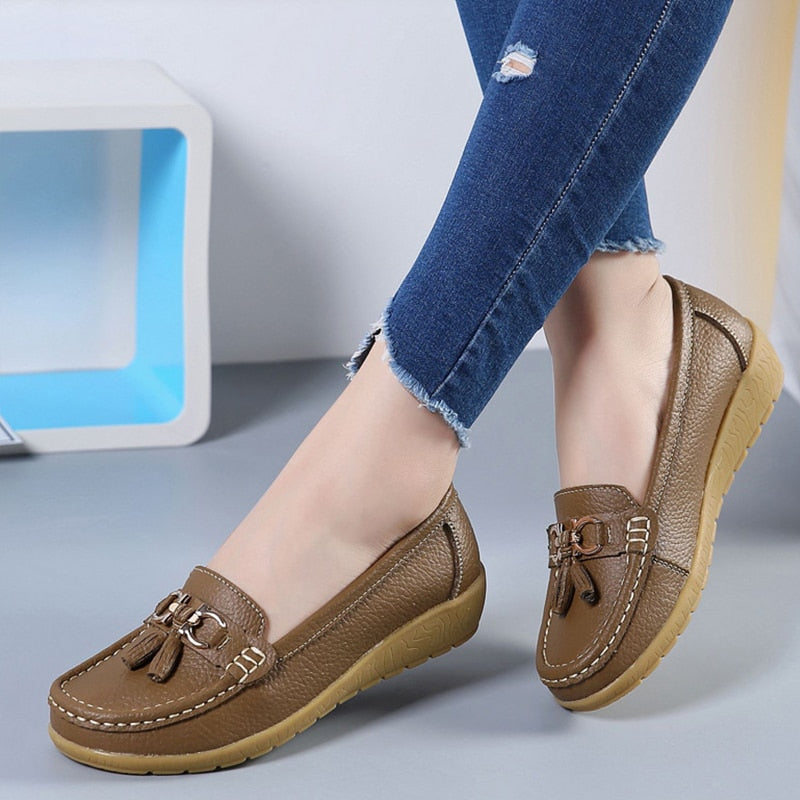 Women's Genuine Leather Flat Loafer Moccasins Slip On Shoes Plus Size