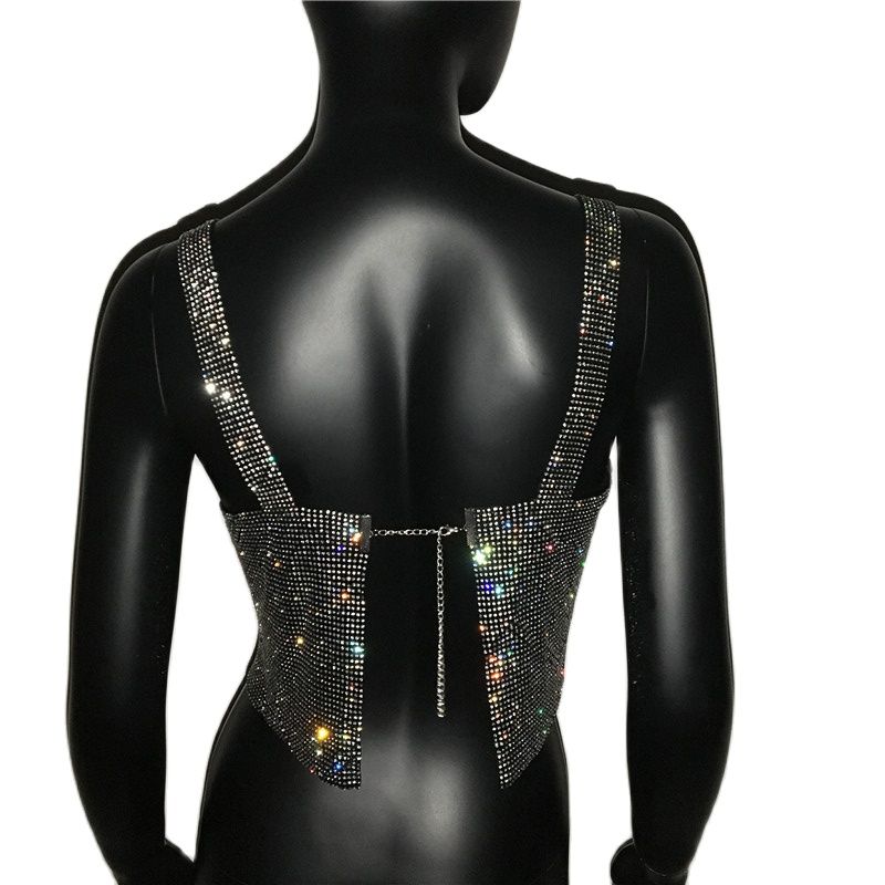 Metallic Glitter Backless Rhinestone Crystal Sequin Cropped Tank Top