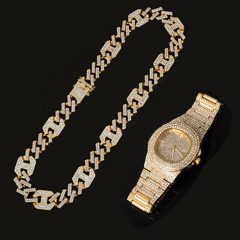 3-Piece Jewelry Hip Hop Gold Iced Out Paved Rhinestones CZ Bling  Sets: Cuban Chain, Watch & Bracelet