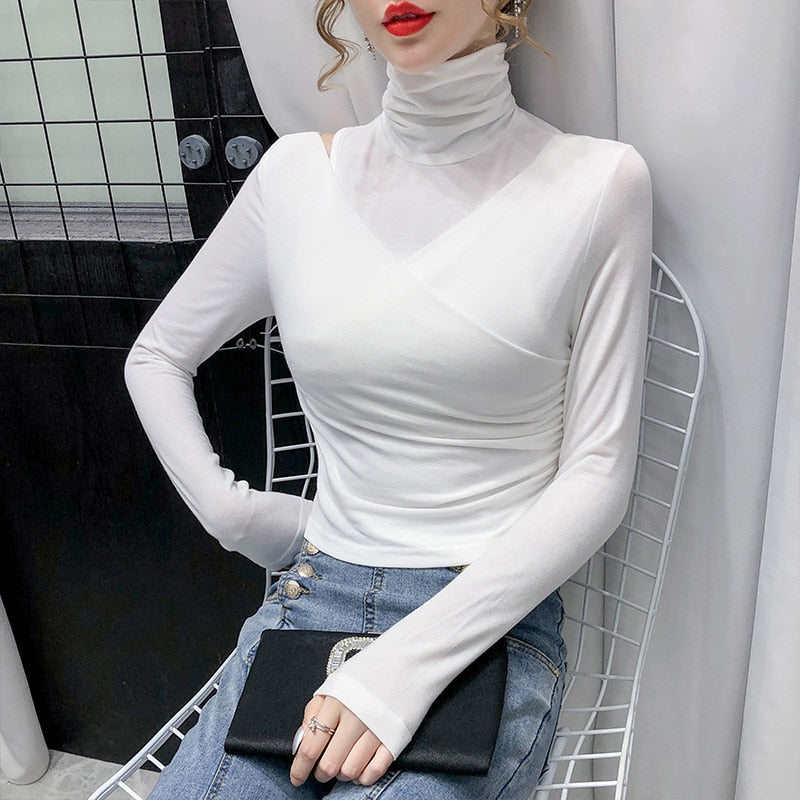 Patchwork Women's Hollow-Out Turtleneck Long Sleeve Off-The-Shoulder Bodycon Skinny Shirt