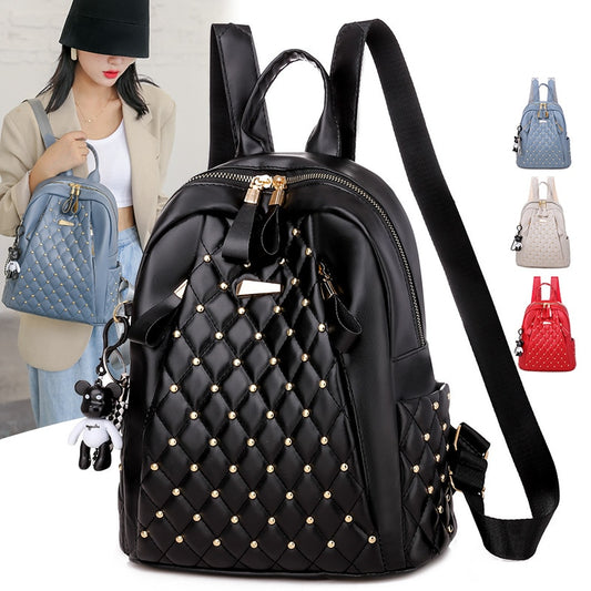 Vintage Leather Embossed Diamond Lattice Studded Quilted Solid Color Ladies Backpack