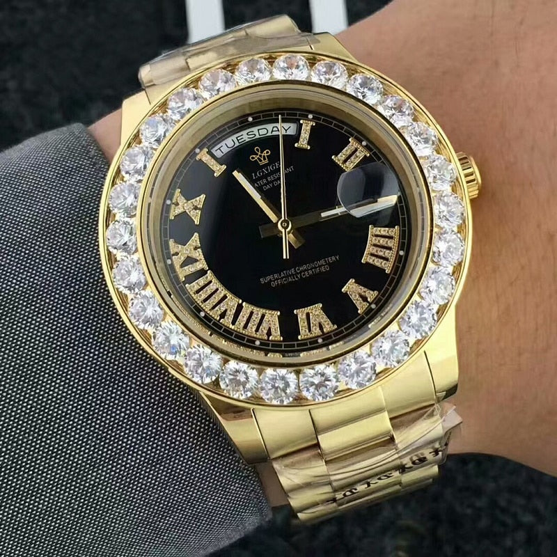 Big Diamond Luxury Brand Gold Watch Stainless Steel Men's Watch