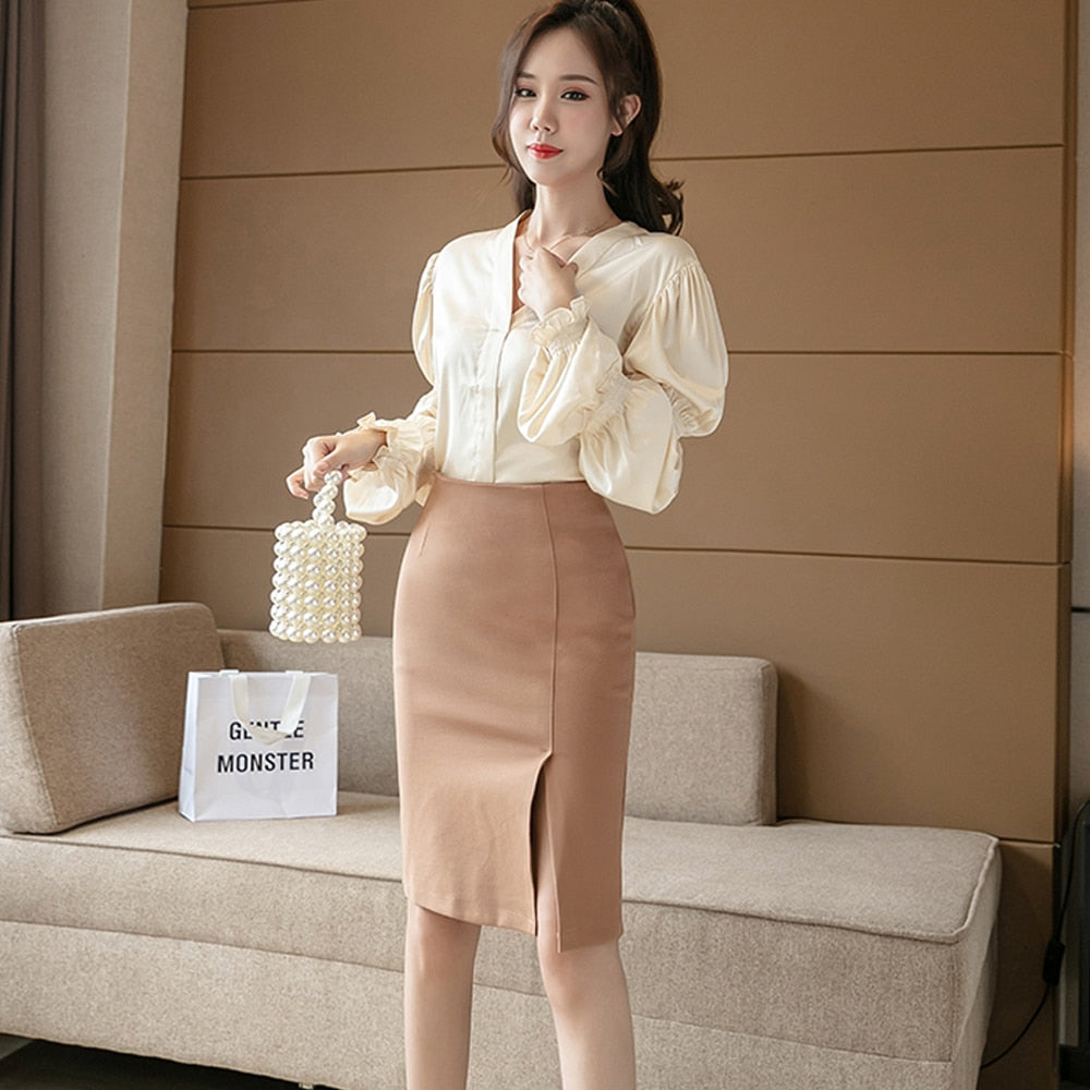 Solid Color Skinny High Slit Knee-Length Office Skirts to 5X Plus Size