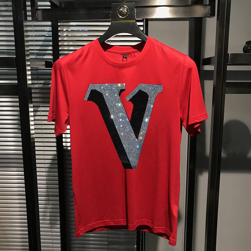 Men's Rhinestone V Emblem Slim Short Sleeve T-Shirt