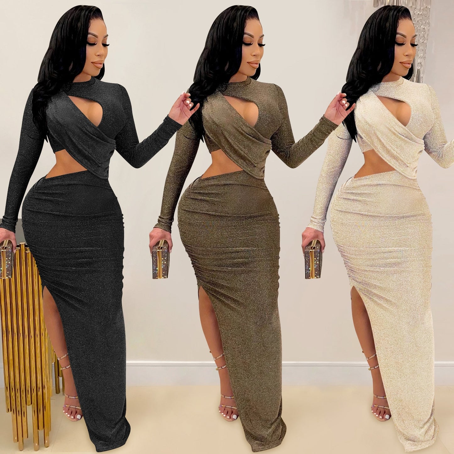 Solid Ruched Long  Sleeve Cut Out O-Neck Long Sleeve High Slit Evening Party Dress