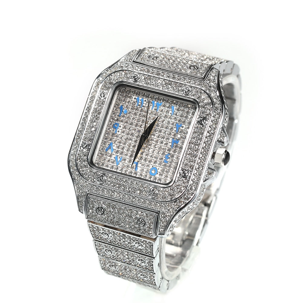 Hip Hop Full Iced Out Full Drill Square Stainless Steel Rhinestones Quartz Square Watch