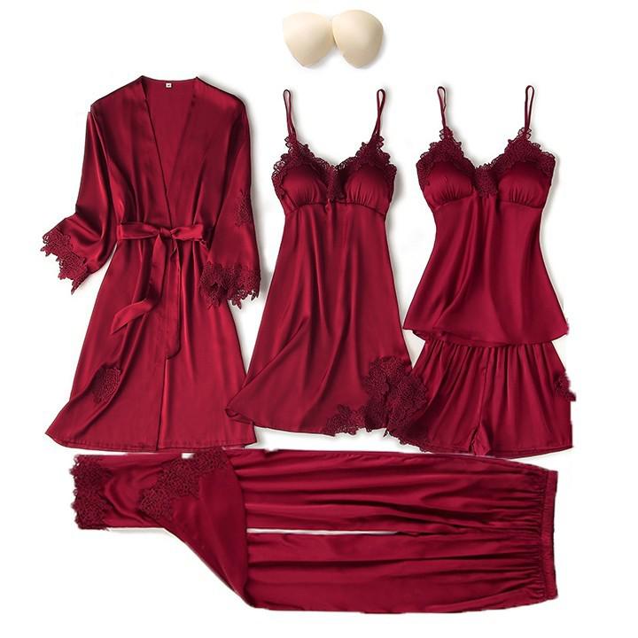 Satin Women's Sleepwear Set/Pajamas: Kimono Gown, Lace Intimate Lingerie Hollow Out Camisole, and Matching Lingerie Top w/ Shorts & Silky Pajama Pants