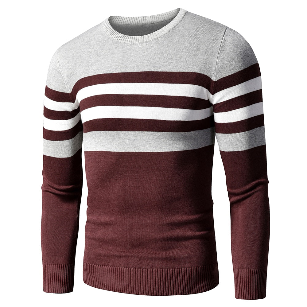 Men's Striped Fleece Cotton Pullover O-Neck Sweater