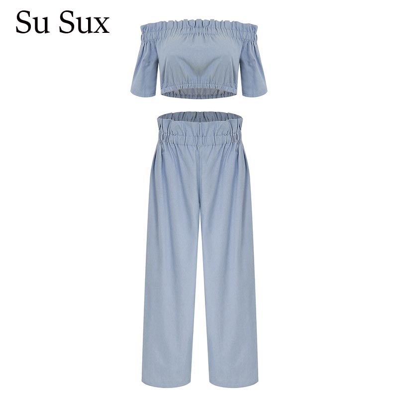 Denim Women's Slash Neck Crop Top & Wide Leg Baggy Pants 2-Piece Set