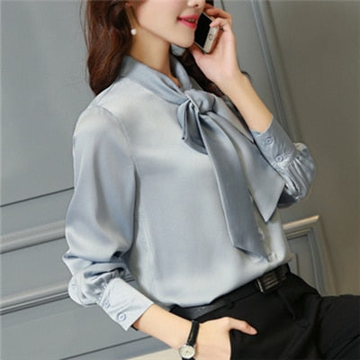 Chiffon Solid Bowtie Lantern Sleeve Plus Size Blouse to 3X