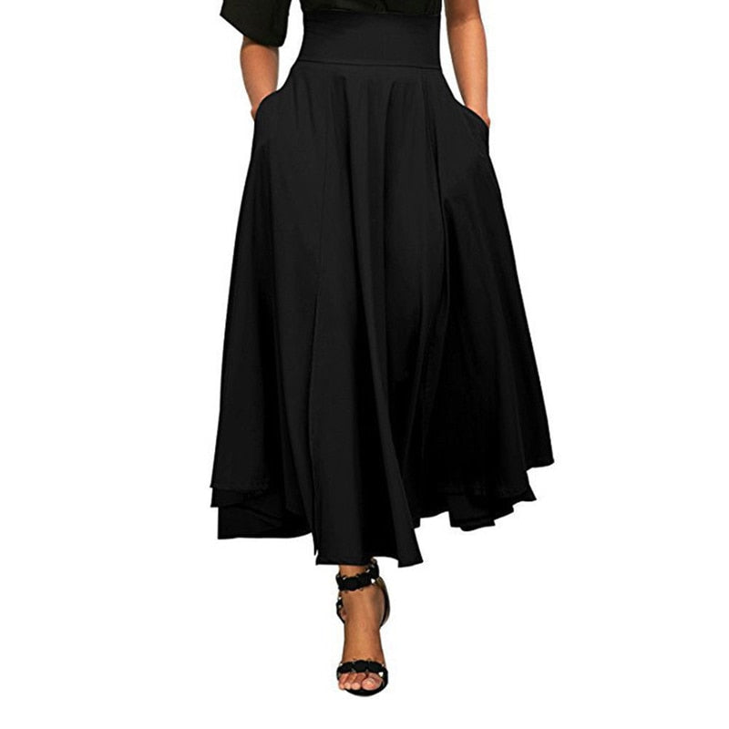 Ruffle A-Line Flared Pleated Maxi Skirt w/ Pockets