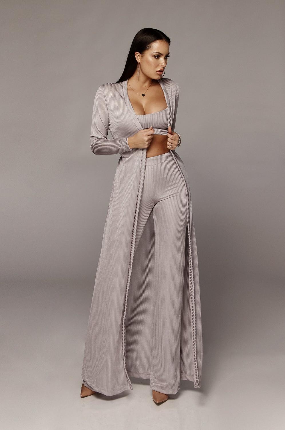 Bandage Solid Long Sleeve Maxi Cardigan, Loose Wide Leg Pants & Cropped Tank Top 3-Piece Set