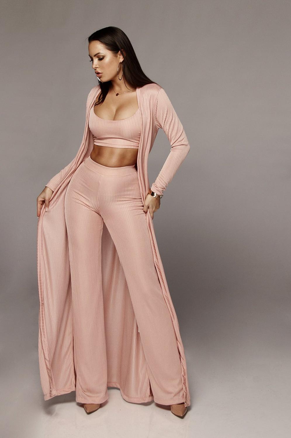 Bandage Solid Long Sleeve Maxi Cardigan, Loose Wide Leg Pants & Cropped Tank Top 3-Piece Set