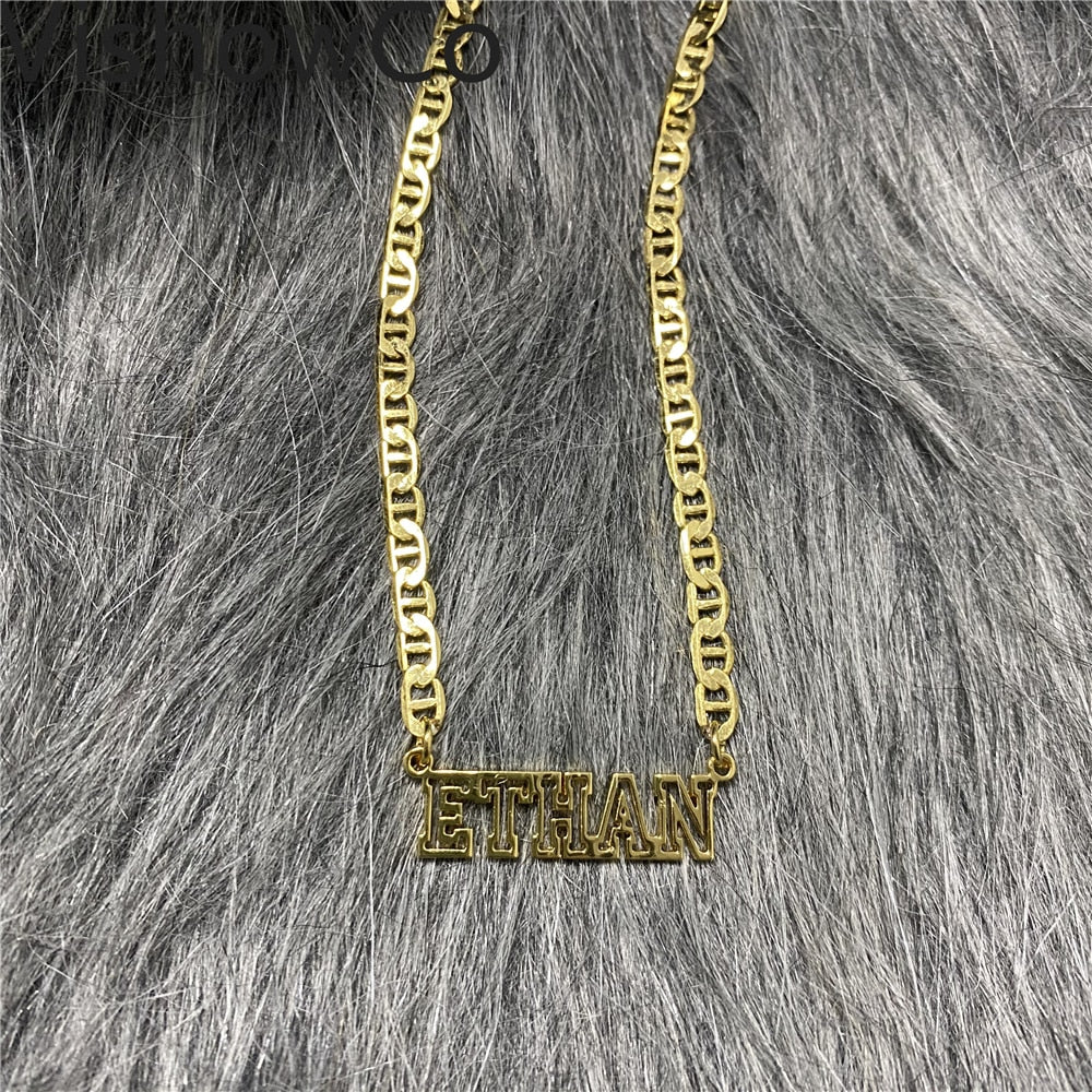 Stainless Steel Gold Choker Custom Name Necklace Personalized Flat Chain Nameplate Pendant Necklace