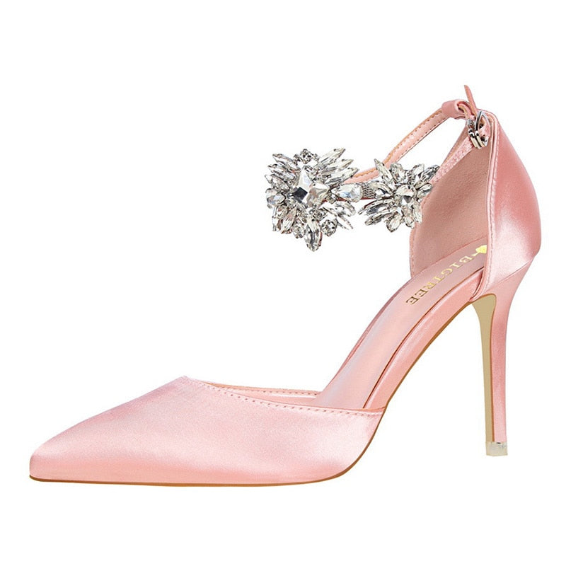 Satin Rhinestone Ankle Pendant Stiletto Silk Sandal Pumps