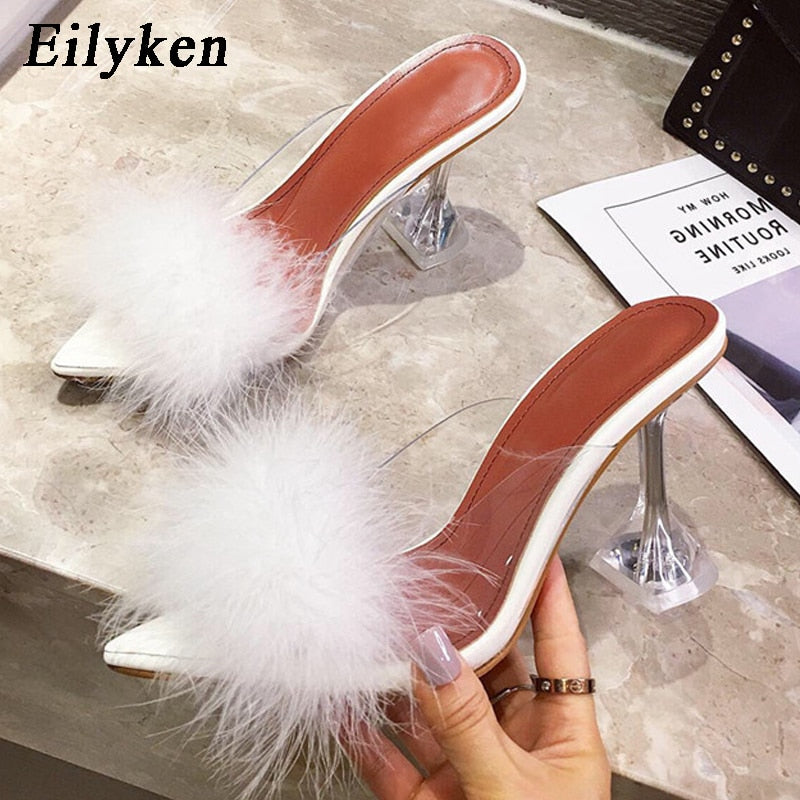 Ladies Feather PVC Transparent High heels Fur Peep Toe Mule Pumps