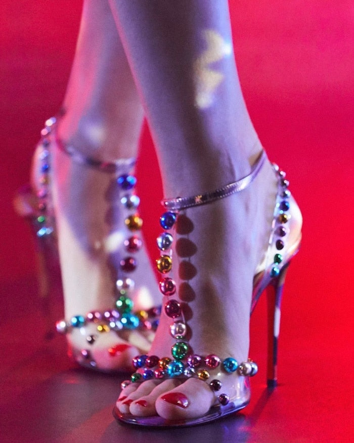 Colorful Bauble Studded High Heel Rainbow Studs T-Strap Embellished Beaded PVC Sandals