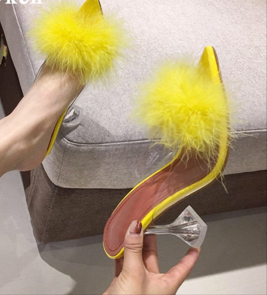 Ladies Feather PVC Transparent High heels Fur Peep Toe Mule Pumps