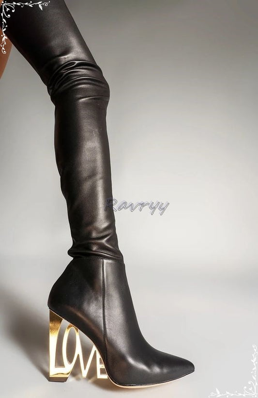 Genuine Leather Black Gold Plated LOVE Wedge Heel Thigh High Pointed Toe Over-the-Knee Boots