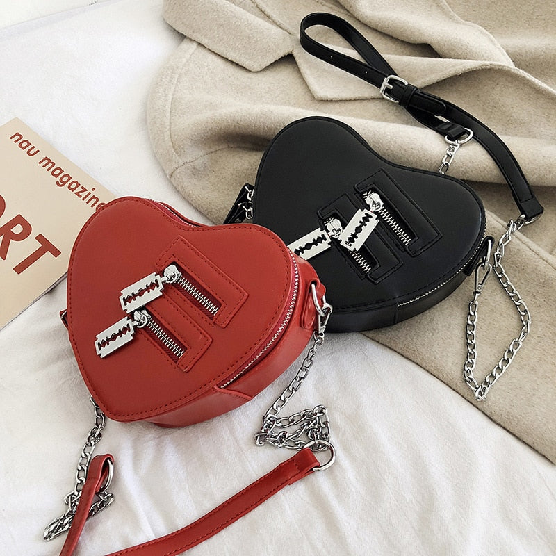 Love Heart Valentine Shape Double Zipper Chain Crossbody Purse