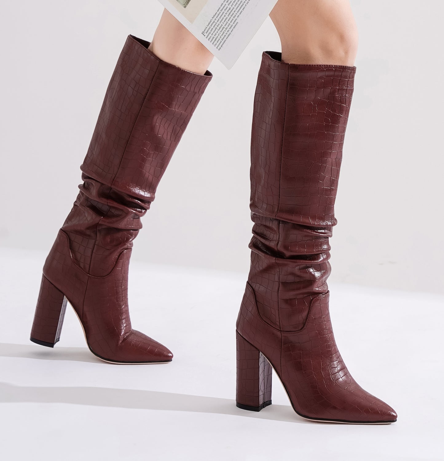 Ruched Pleated Solid Thick High Heel Knee High Ladies Boots