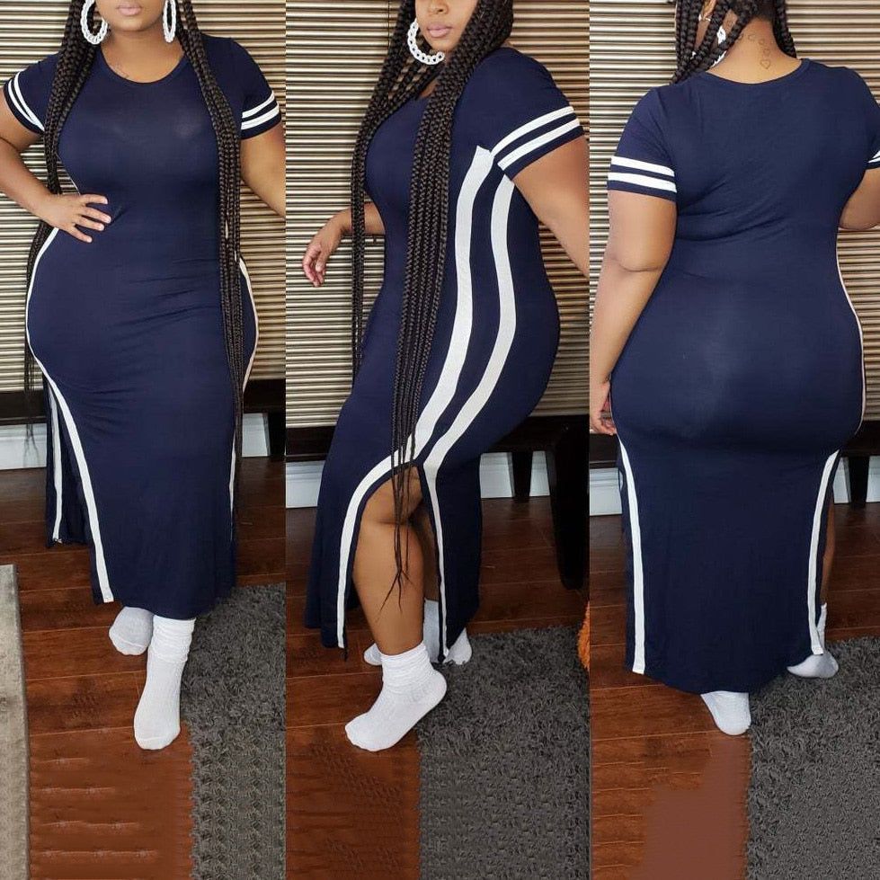 Short Sleeve Solid Side Striped Plus Size High Slit T-Shirt Dress to 5X