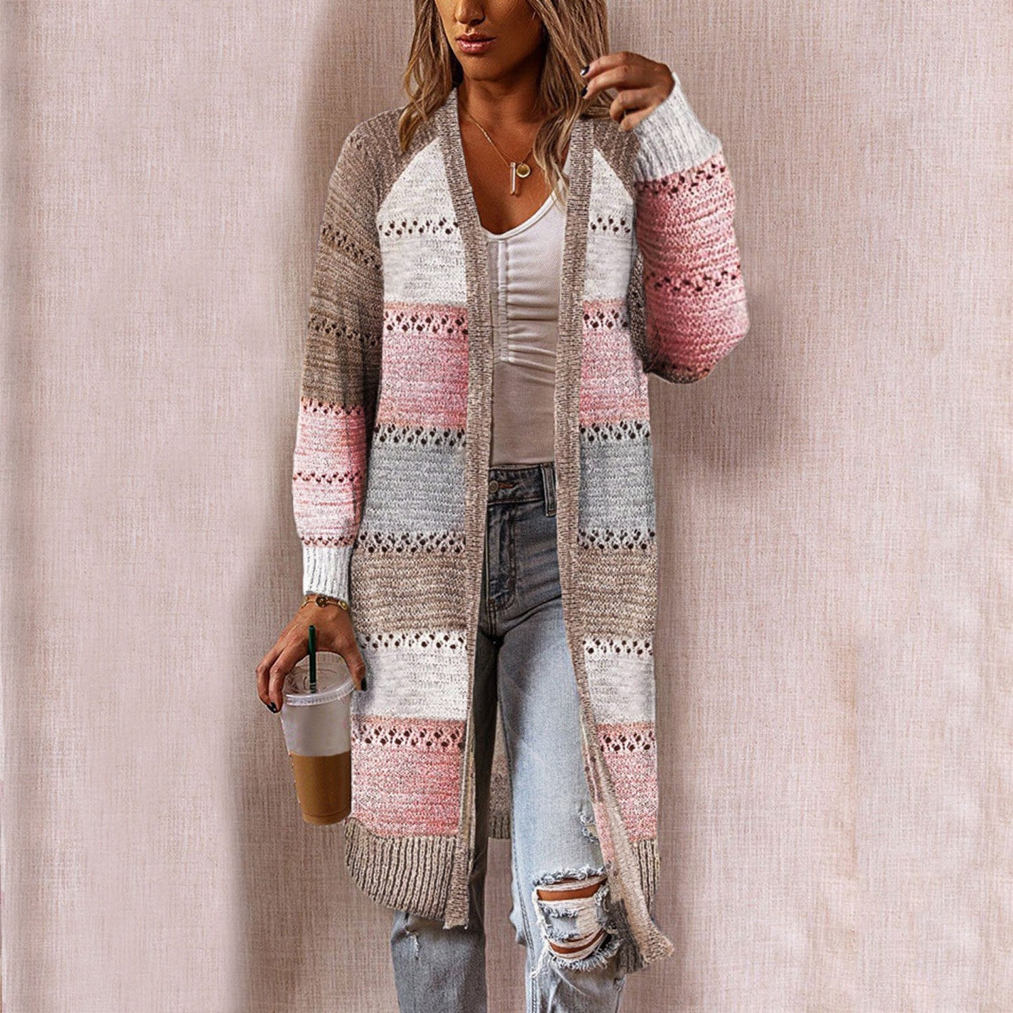 Colorblock Striped Ladies Long Sleeve Patchwork Maxi Cardigan Sweater