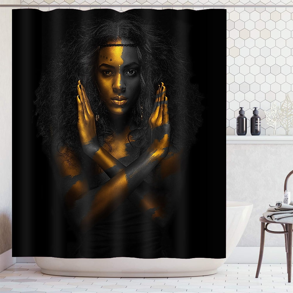 Black Woman w/ Gold Waterproof Shower Curtain