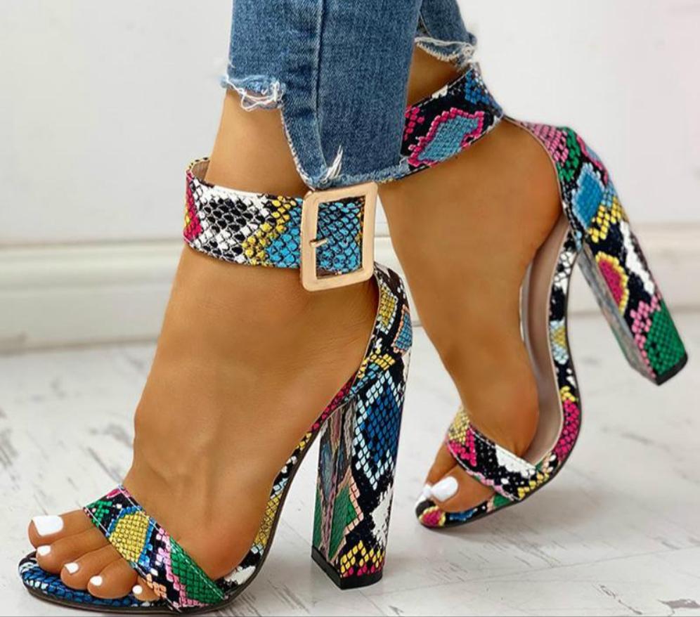 Leopard/Snakeskin/Floral Open Toe Ankle Buckled Sandals Chunky Heeled Sandals