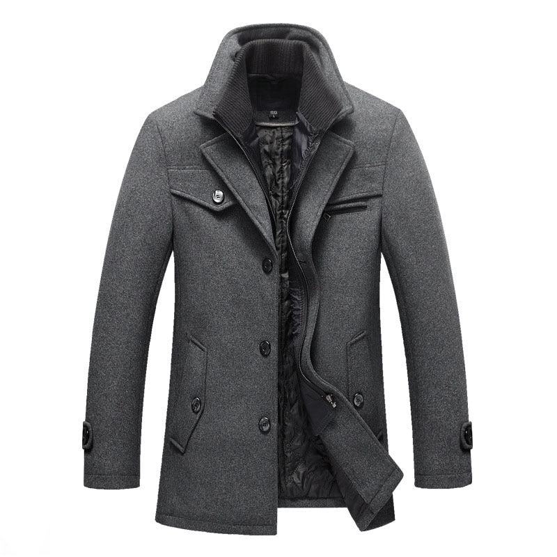 Wool Double Collar Slim Fit Men's Pea Coat