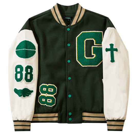 Men's Hip-Hop Furry Sleeve Letter Print Embroidered Baseball Varsity Letterman's Jackets